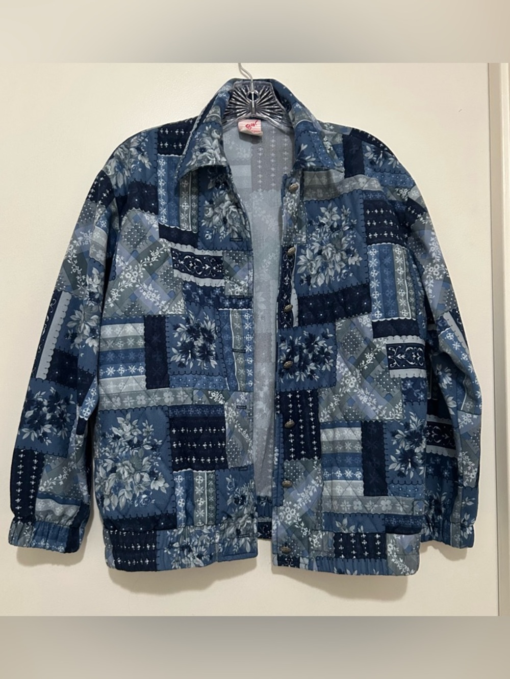 Vintage 90s Blue Quilted Patchwork Jacket Grandmacore Floral Petite S Oversized